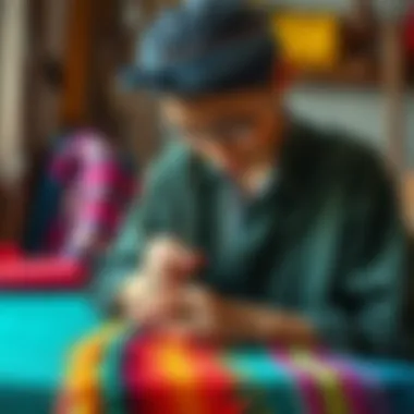 Artisan At Work With Floss Needle An artisan at work using a floss needle on a vibrant textile