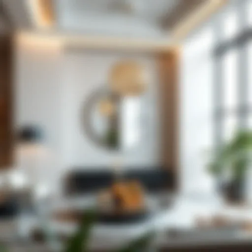 Modern Elegance: Circular Mirror Centerpiece Elegant circular mirror centerpiece in a modern living room