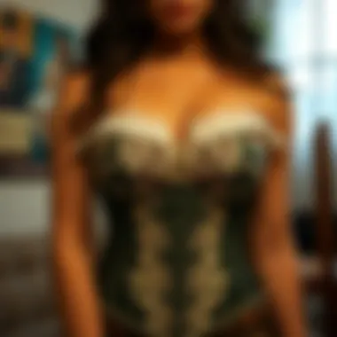 Elegant corset adorned with lace detailing against a vintage backdrop