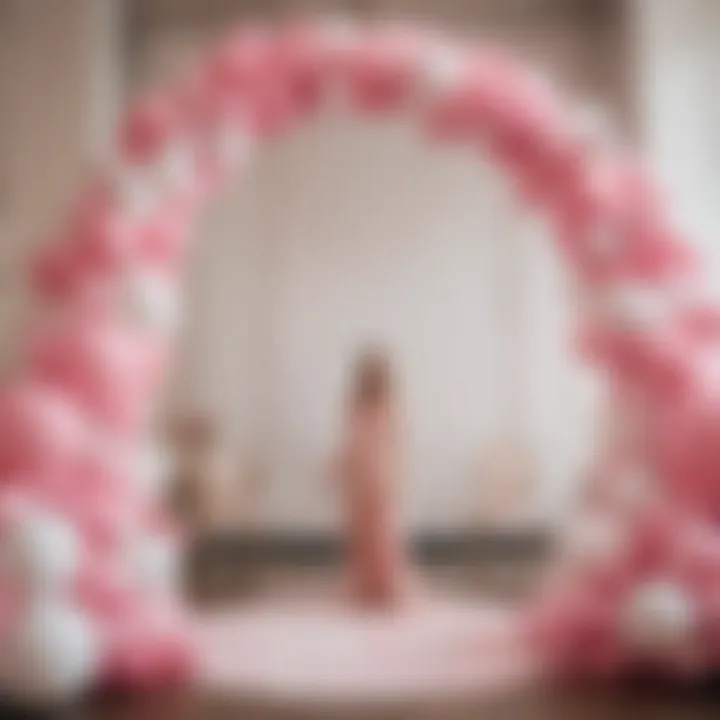 Elegant pink and white balloon arch at a graduation ceremony