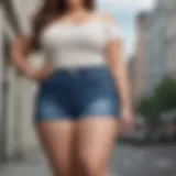 Stylish curvy high rise denim shorts on a model