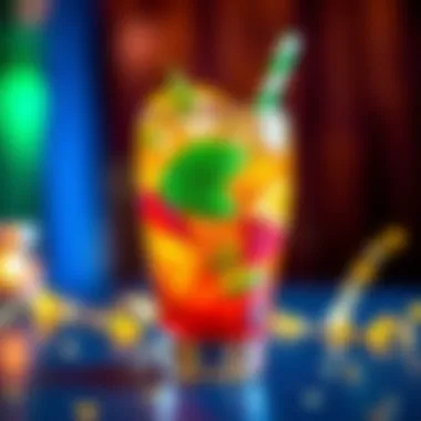 A close-up of a disco ball party cup filled with colorful drinks