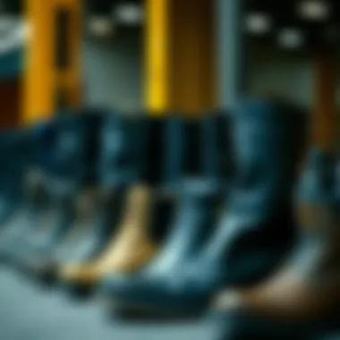 An array of elevator boots displayed in various styles and materials.