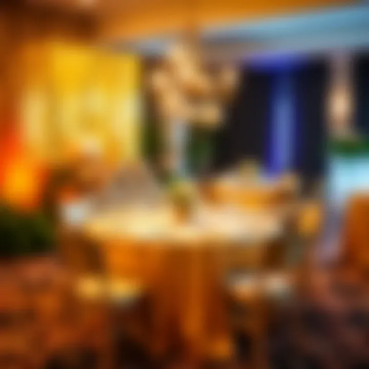 Stylish Event Setup with Gold Foil Tablecloths Stylish event setup featuring gold foil tablecloths and elegant decor