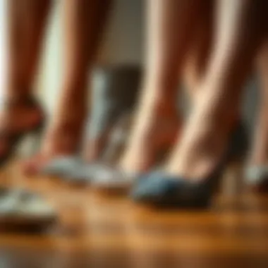 A detailed view of various styles of shoes for beauty competitions arranged aesthetically