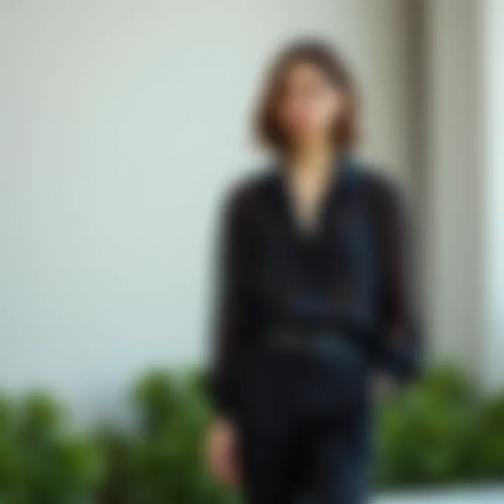 Stylish pairing of a black chiffon blouse with tailored trousers