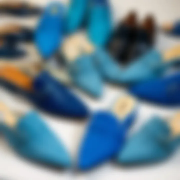 Various styles of blue mules arranged artistically