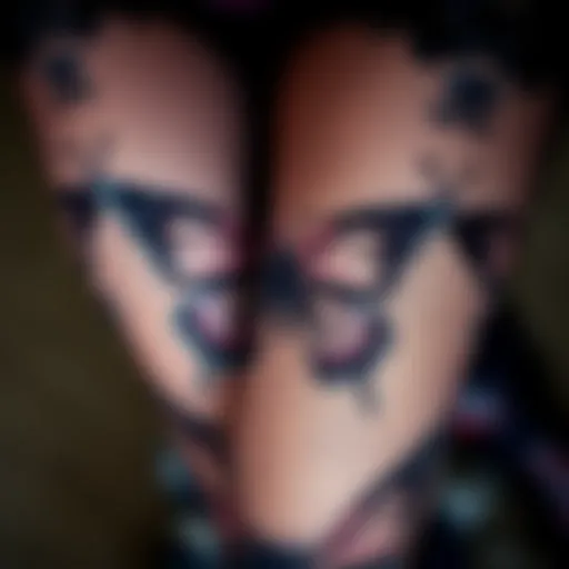 A close-up view of intricate butterfly patterns on fishnet tights