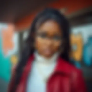 A model showcasing butterfly locs in a stylish urban setting
