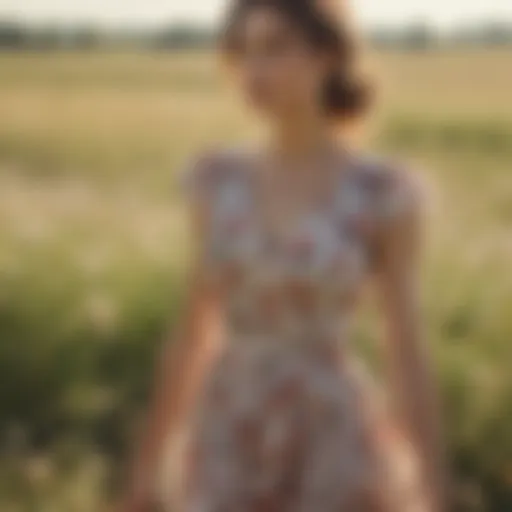 Charming floral country dress in a sunlit field