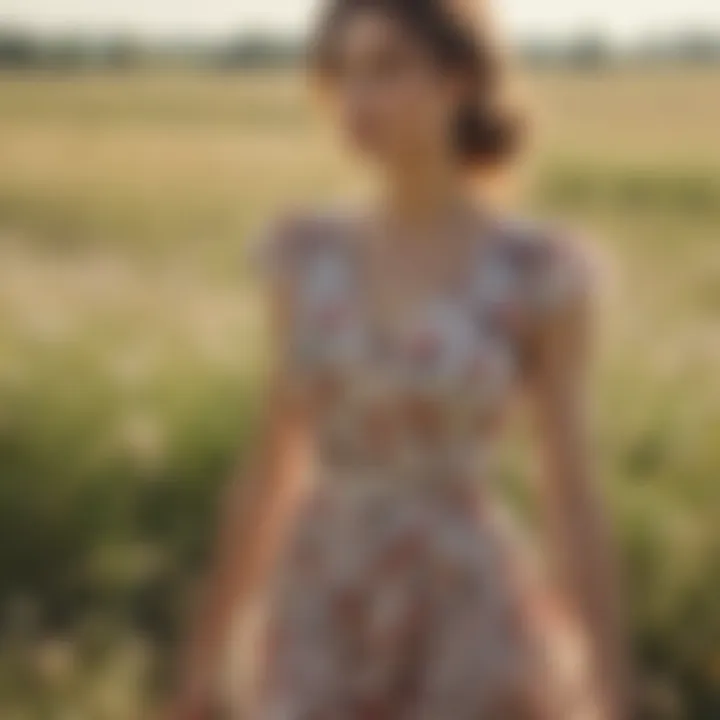 Charming floral country dress in a sunlit field