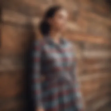 Rustic wooden backdrop featuring a plaid country dress