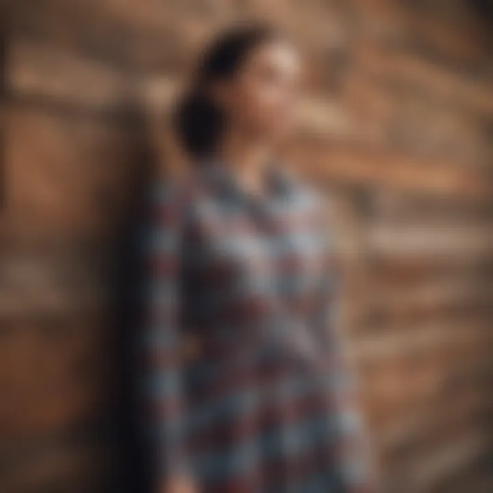 Rustic wooden backdrop featuring a plaid country dress