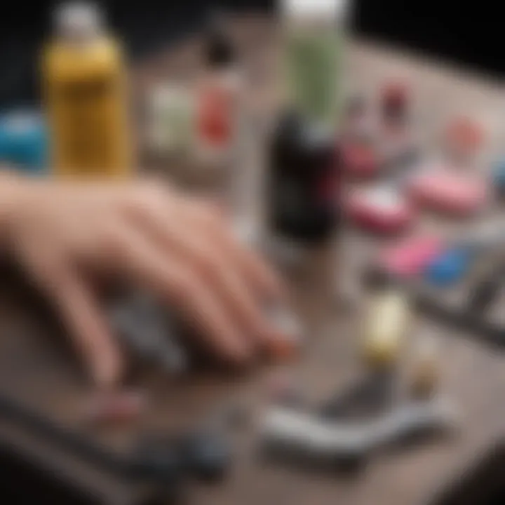 An organized setup of tools and products needed for glue-on nail care and maintenance