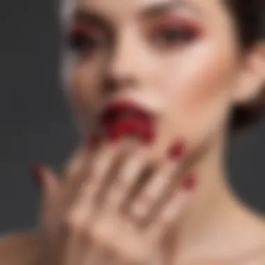 Glossy Elegance: Dark Red Fake Nails Elegant dark red fake nails showcasing glossy finish