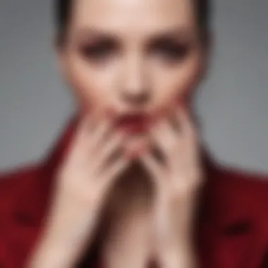 Fashion Forward: Ensemble with Dark Red Nails Stylish ensemble complementing dark red fake nails