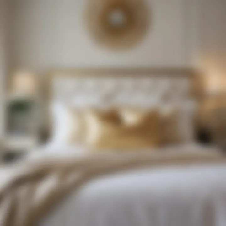 A cozy bedroom setting featuring white and gold pillow covers