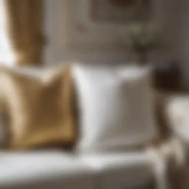 Elegant arrangement of white and gold pillow covers on a stylish sofa