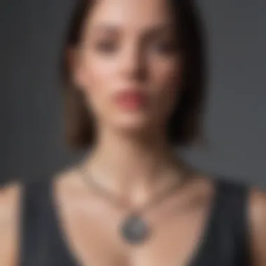 A woman wearing a photo projection necklace, reflecting personal memories