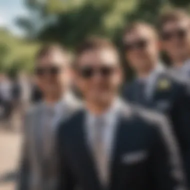 Groomsmen wearing sunglasses at a wedding celebration