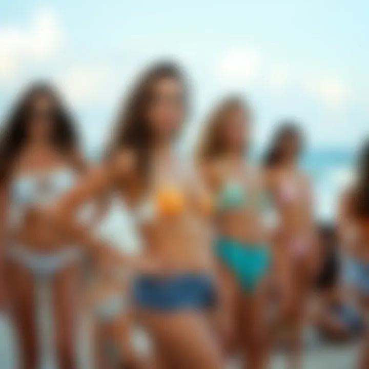 An array of models showcasing high-waisted bikinis on a beach