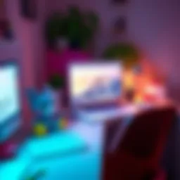 A vibrant kawaii-themed desk setup with plush toys and colorful stationery