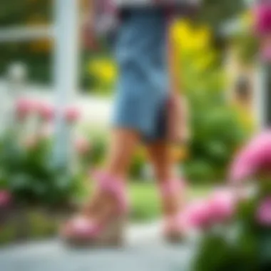 Chic Garden Ensemble with Pink Wedges Fashionable outfit featuring pink espadrille wedges in a garden setting