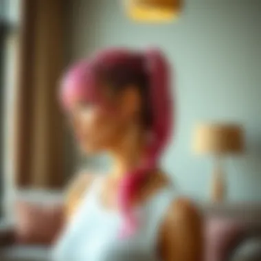 Stylish individual wearing a pink ponytail extension in a contemporary setting.