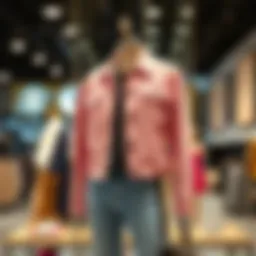 A stylish plus pink denim jacket displayed on a mannequin with a chic outfit.