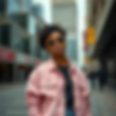 A fashionable individual confidently wearing a plus pink denim jacket in an urban setting.