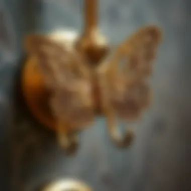Close-up of intricate butterfly design on shower hooks
