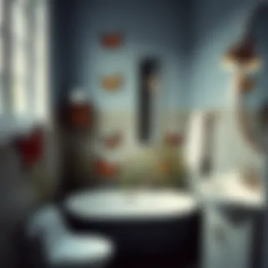 Stylish bathroom featuring butterfly-themed decor and shower hooks