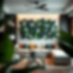 Luxurious artificial leaf wall decor in a modern living room setting
