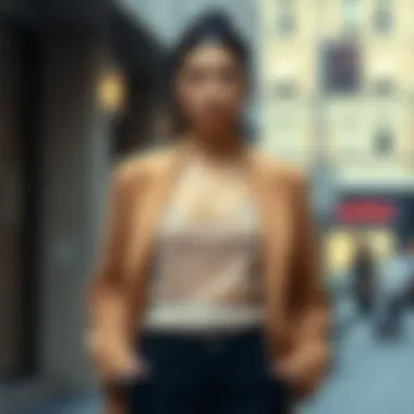 A modern outfit styled with a see-through camisole layered beneath a chic blazer.