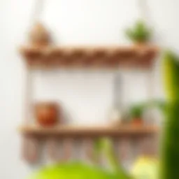 Intricate macrame wall hanging shelf design showcasing elegant knots and patterns