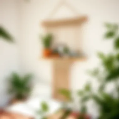 Macrame Shelf in a Serene Bedroom A serene bedroom setting featuring a macrame wall shelf adorned with plants and books