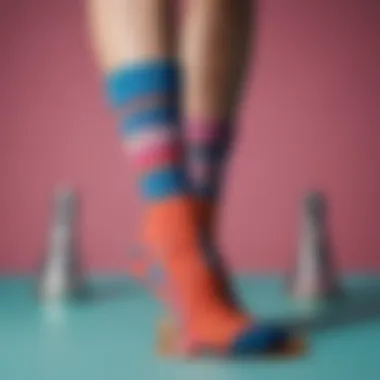 A stylish display of photo-printed socks on a colorful background