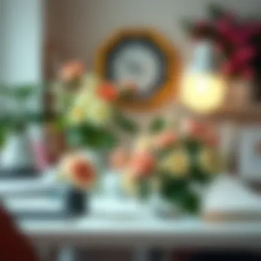 Serene Workspace with Artificial Flowers A serene workspace adorned with artificial flowers, emphasizing tranquility and creativity