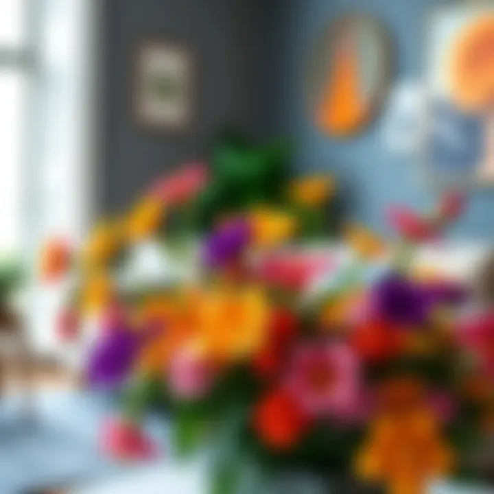 Vibrant Arrangement of Artificial Flowers A breathtaking arrangement of vibrant artificial flowers in a modern living space
