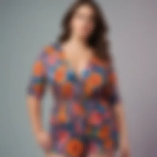 A vibrant plus size floral romper displayed against a bright background.