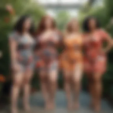 A group of plus size individuals confidently wearing floral rompers in a social setting.