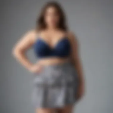 A model confidently wearing a stylish plus-size two-piece skirt set, radiating body positivity.