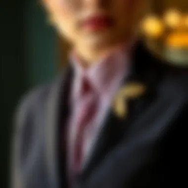 Elegant Outfit with Gold Leaf Lapel Pin Elegant outfit featuring a gold leaf lapel pin