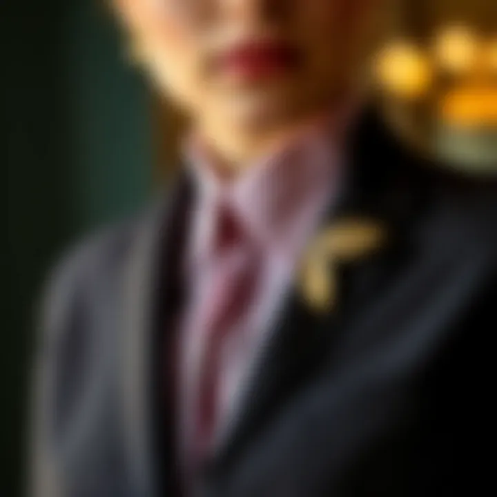 Elegant Outfit with Gold Leaf Lapel Pin Elegant outfit featuring a gold leaf lapel pin