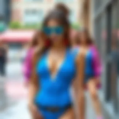 Fashionable model showcasing different styling options of a neon blue bodysuit