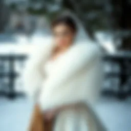 Elegant bridal fur cape draped over a gown in a serene winter setting