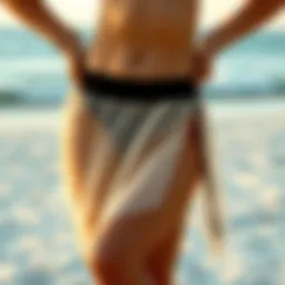 Elegant sheer bathing suit skirt displayed on a sandy beach