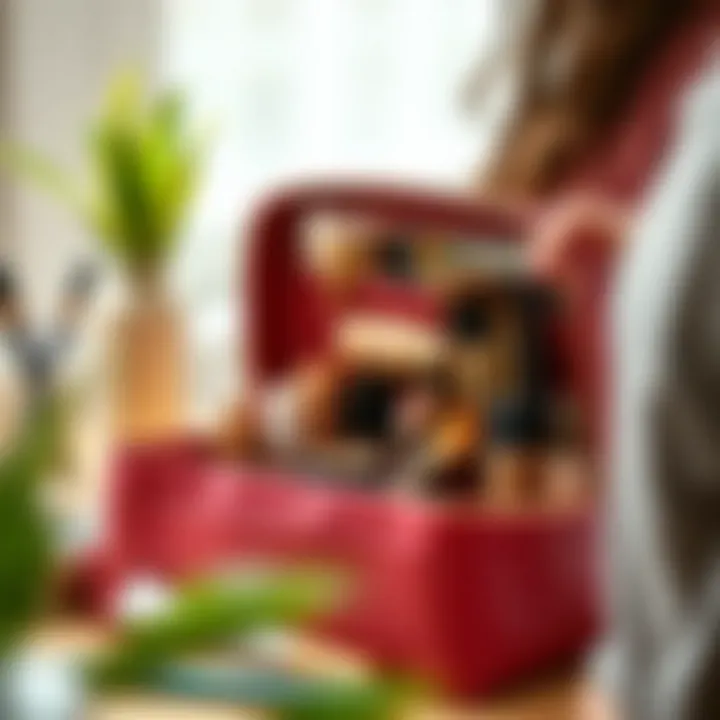 Organizational features of a trifold makeup bag in use