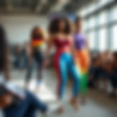Diverse models showcasing rainbow jeggings in a fashion setting