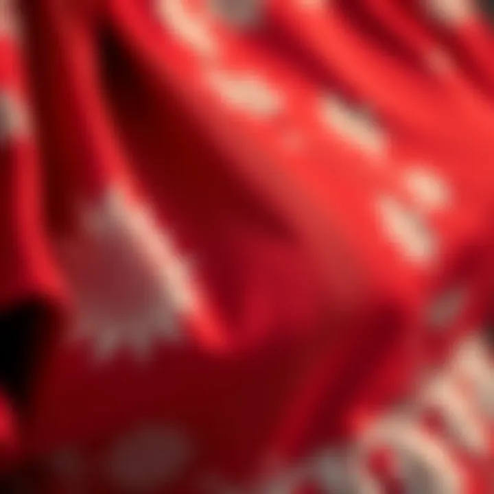 Close-up of fabric texture of a red printed blouse